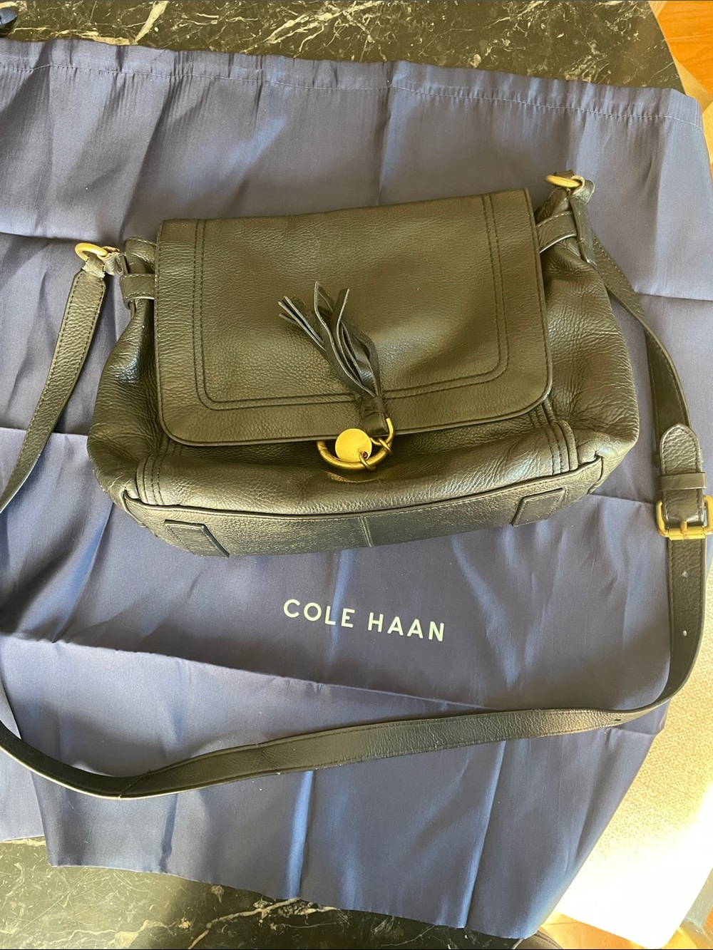 Cole Haan Black Leather Crossbody with Tassel and Gold Accent